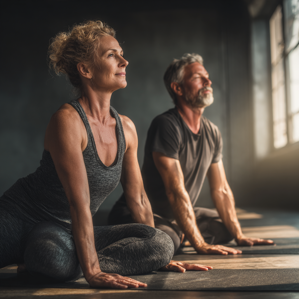 middle-aged adults engaging in gentle flexibility exercises in natural lighting